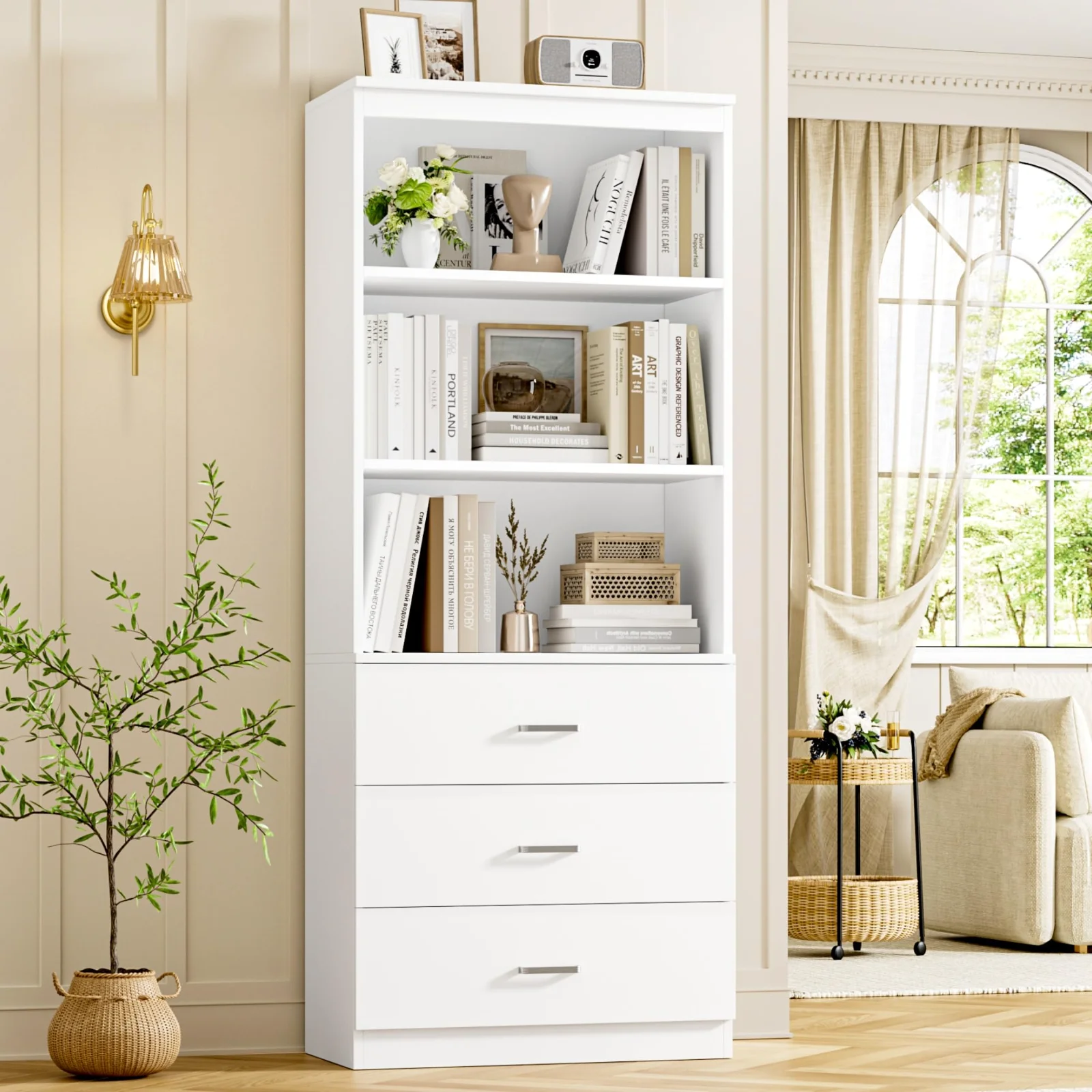 Bookshelves with Drawers, 71", 3 drawers, White