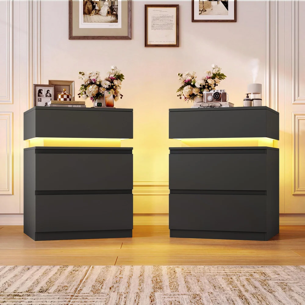 LED Nightstands, Black, set of 2