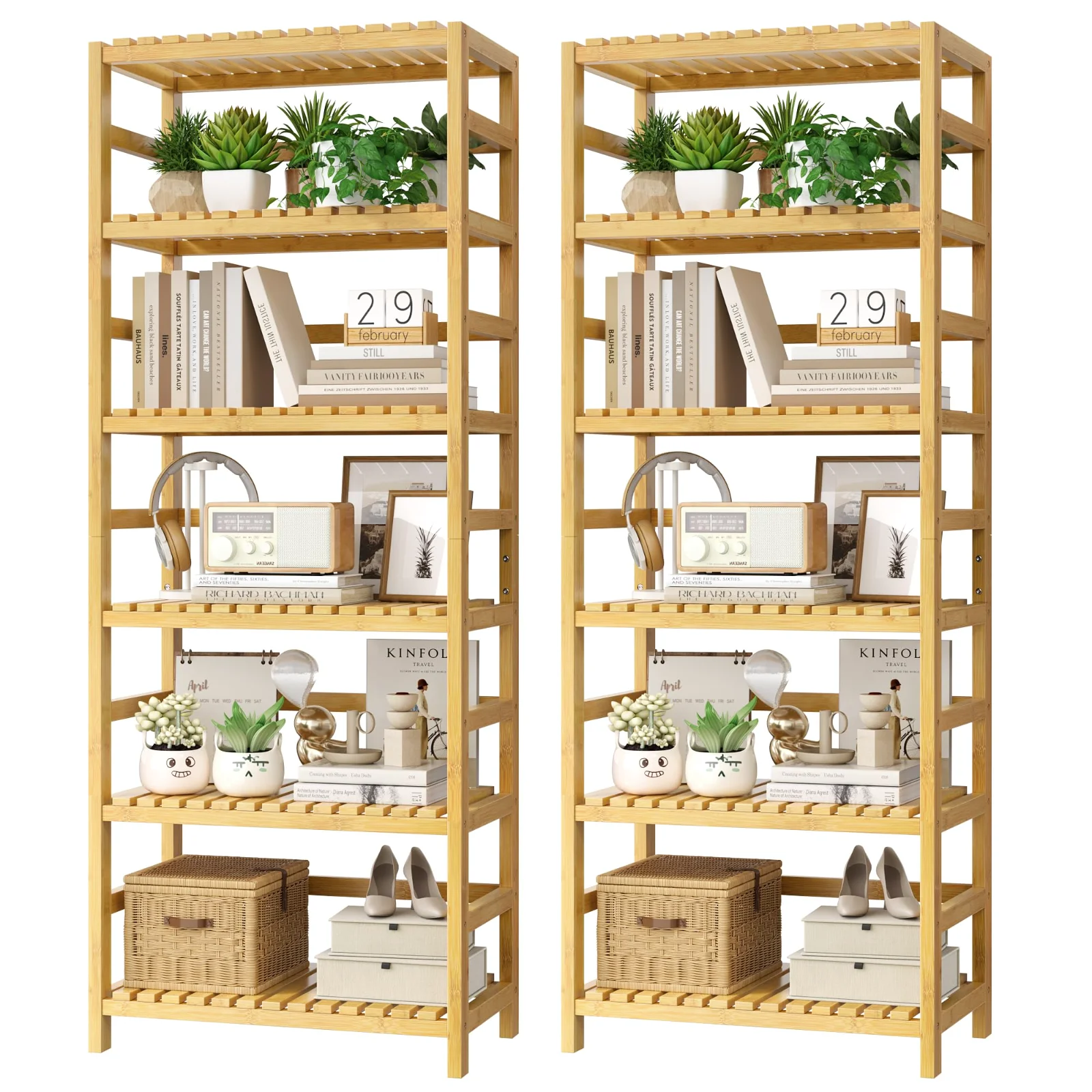 Bamboo Shelves, 6 tiers, Natural, set of 2